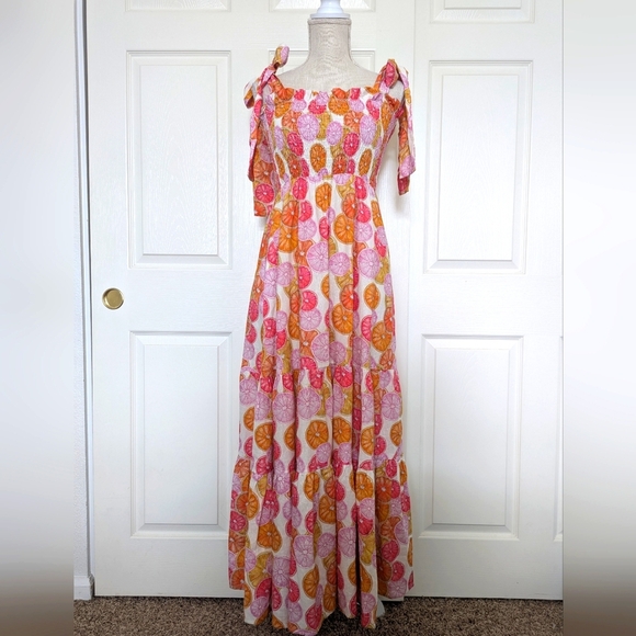 Victoria Dunn x Kathleen Maeve Citrus Linen Blend Smocked Maxi Dress - Picture 1 of 7